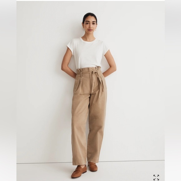 NWT MADEWELL Paperbag Trench Trousers in (Re)generative Chino Color Khaki Sz 12 - Picture 1 of 11